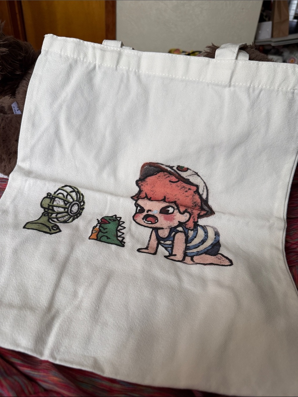 Cute Hirono Tote Bag - White Canvas with Red Hair Illustration